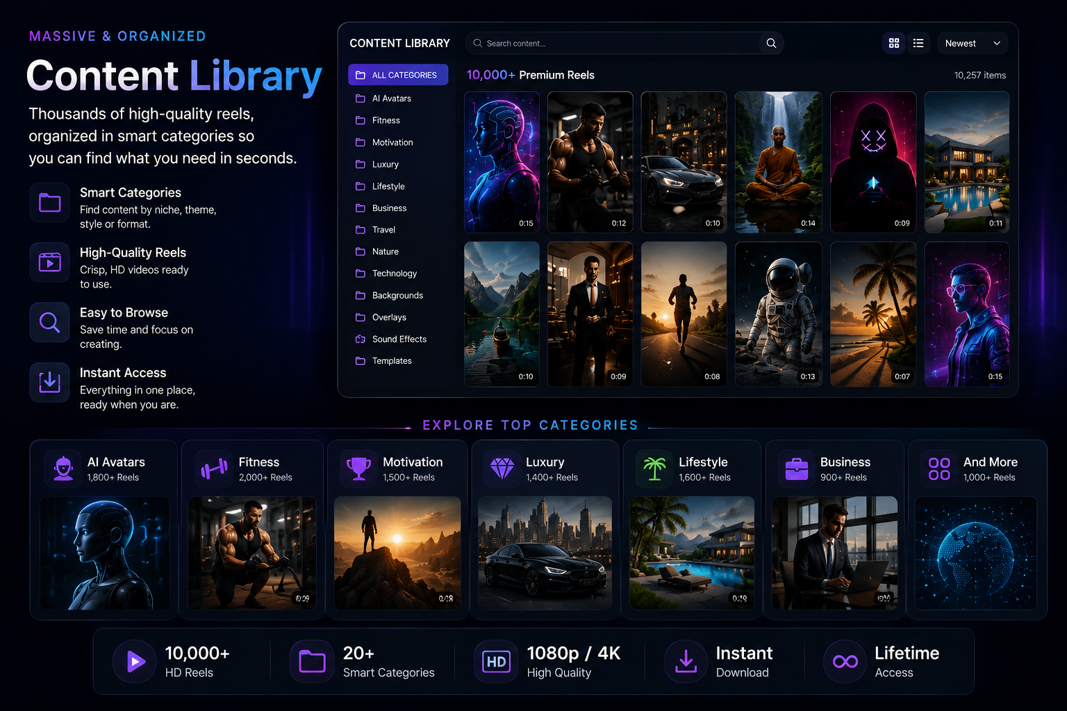 Organized content library for faceless reels